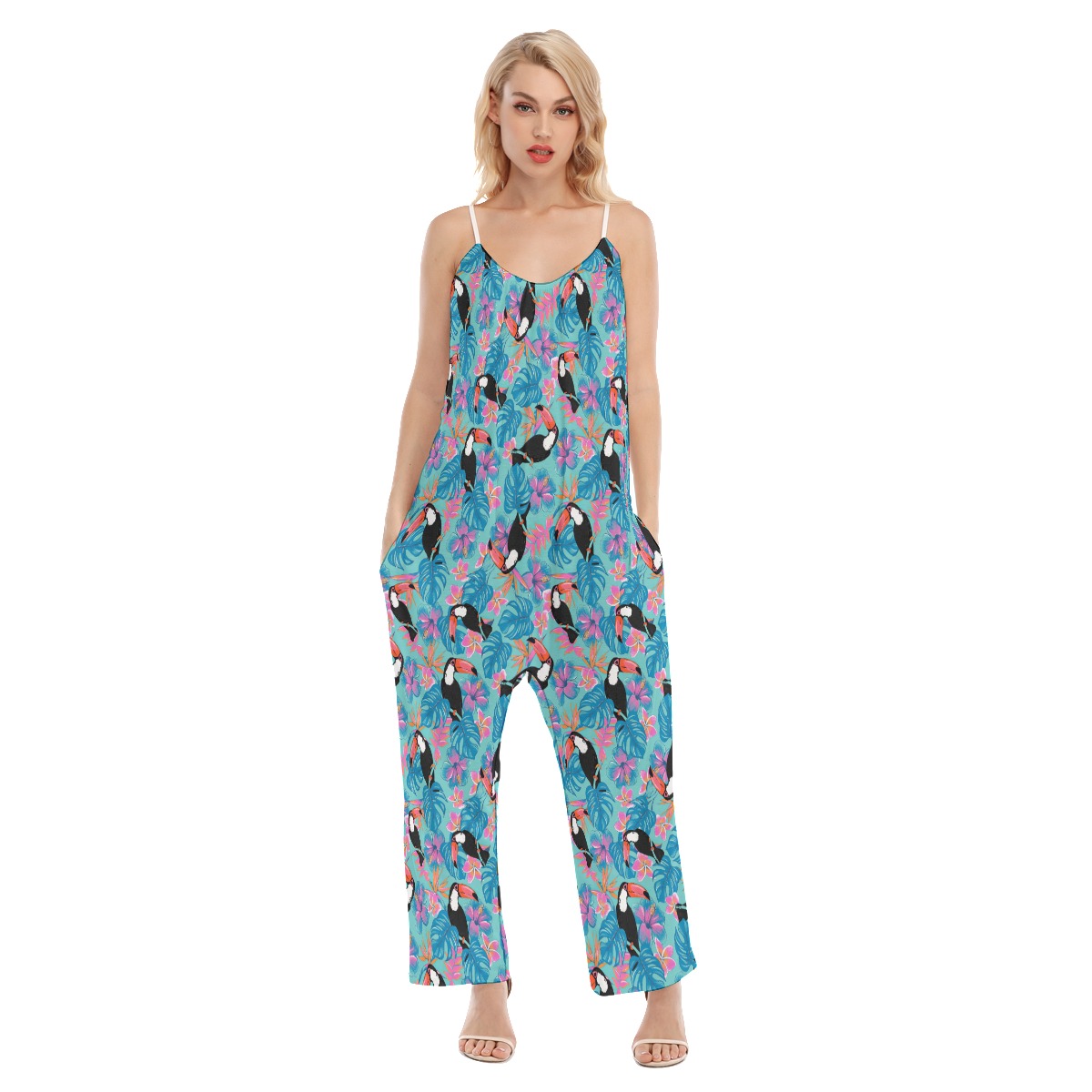 Floral Parrots Hawaiian Cami Loose Jumpsuit For Summer - variant image 1