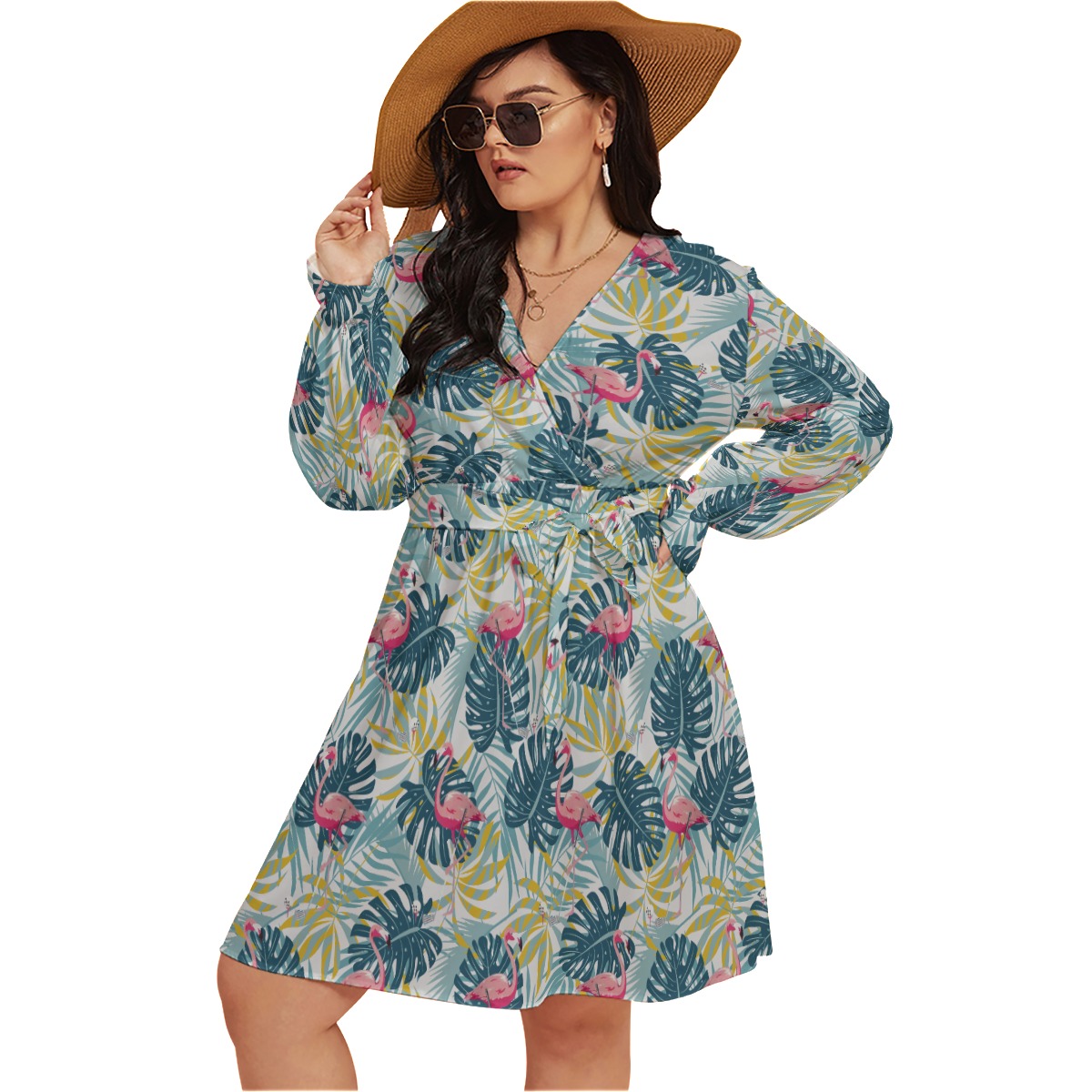 Tropical Flamingo Green Aloha V-Neck Dress Plus Size