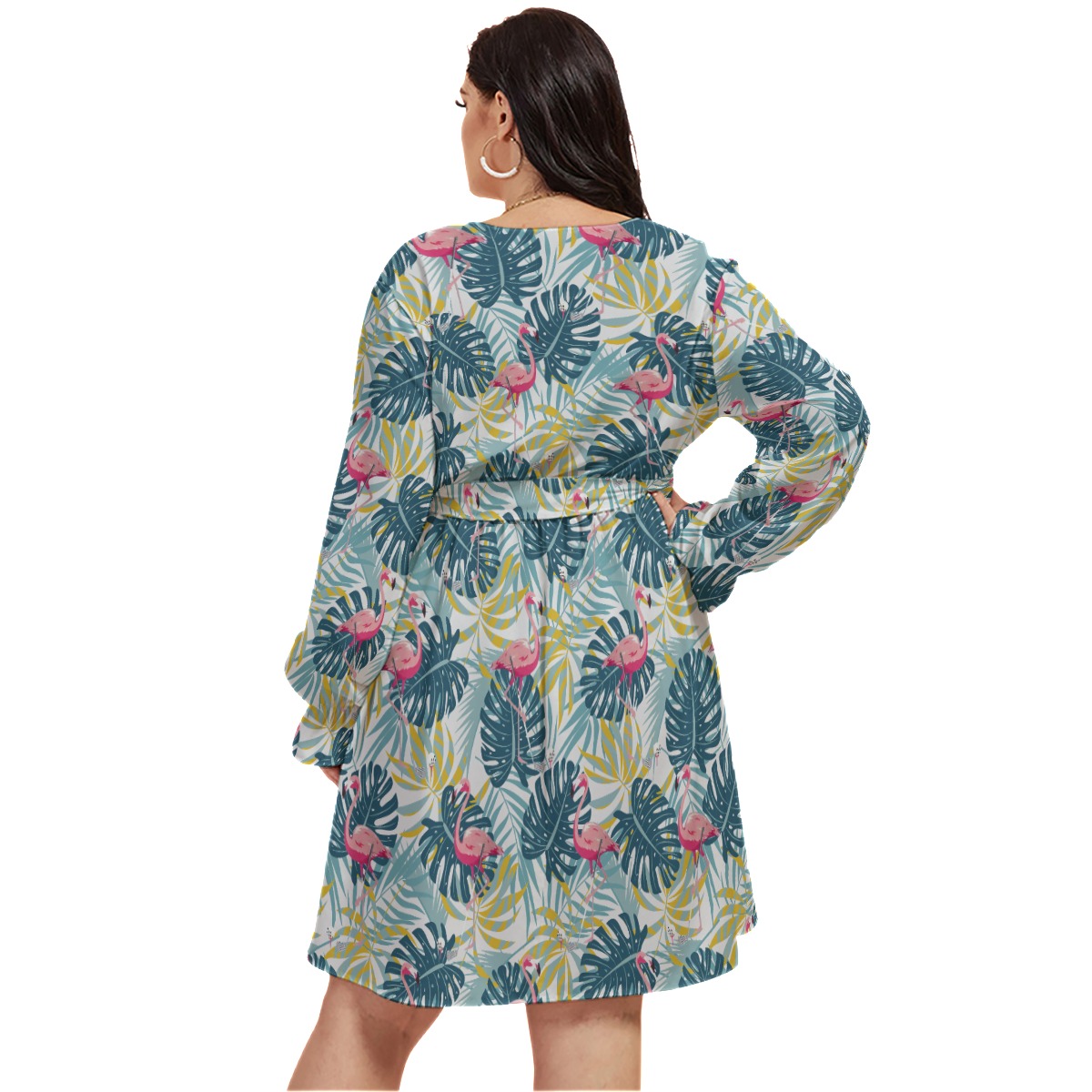 Tropical Flamingo Green Aloha V-Neck Dress Plus Size