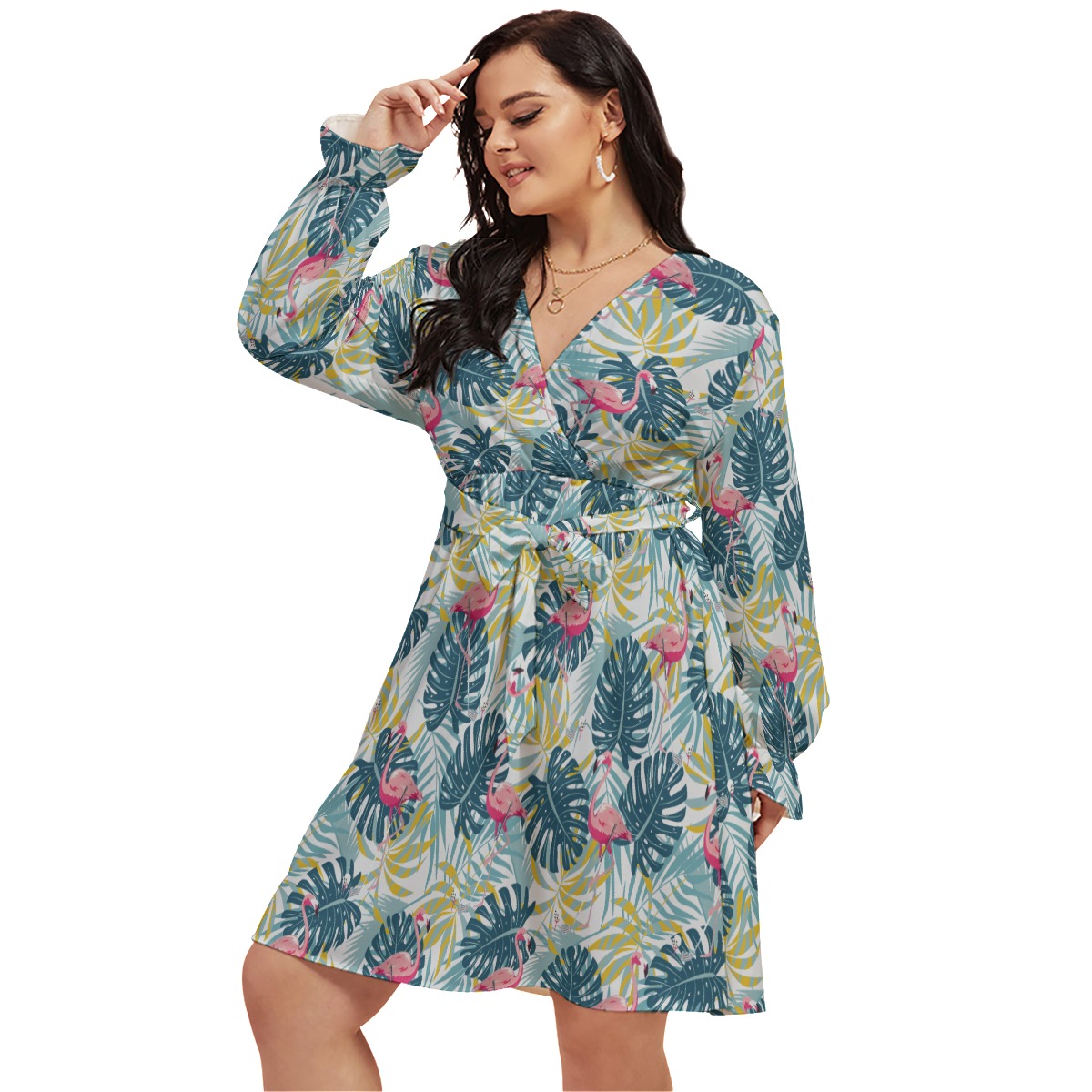 Tropical Flamingo Green Aloha V-Neck Dress Plus Size
