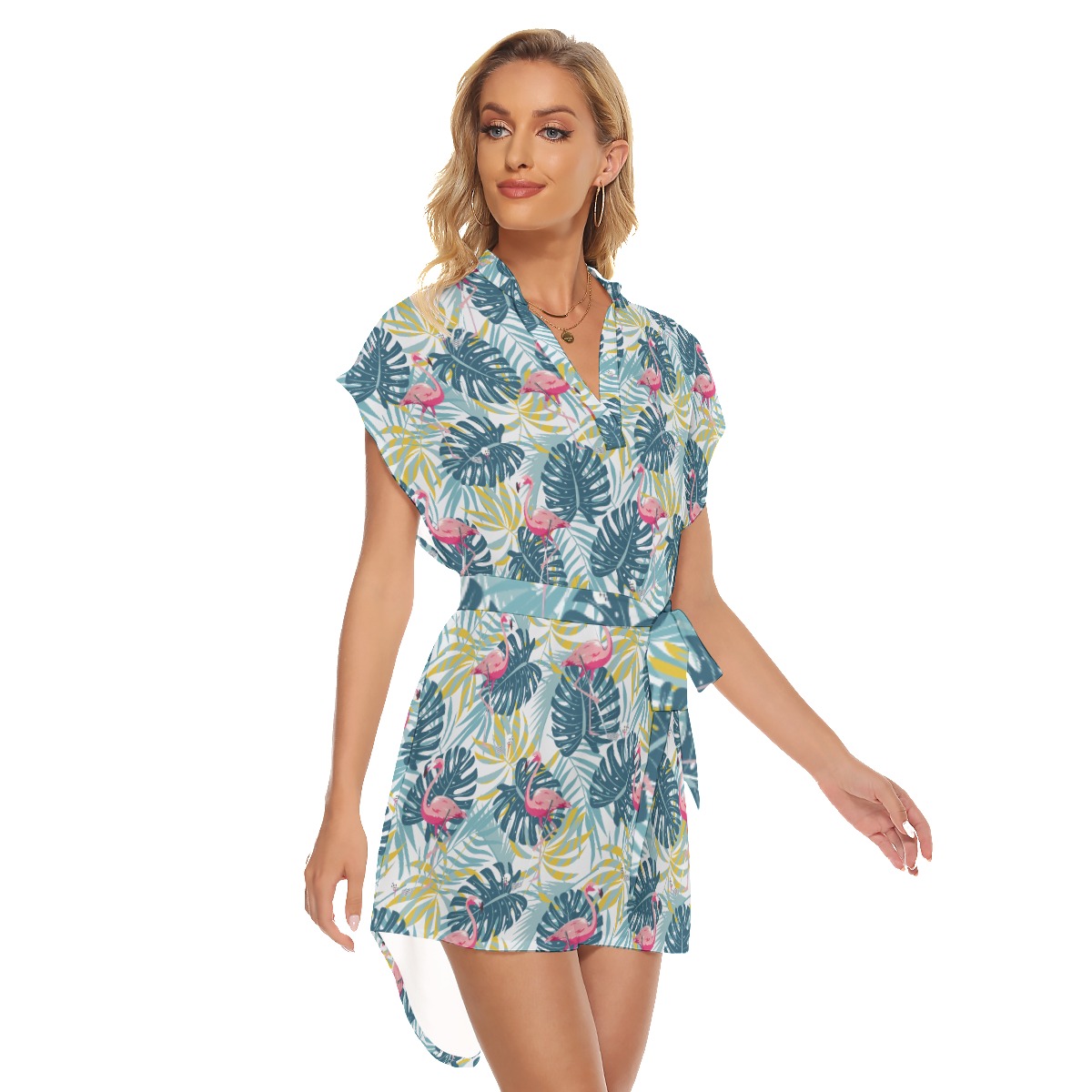 Tropical Leaves Flamingo Green Hawaiian Dress With Belt For Women