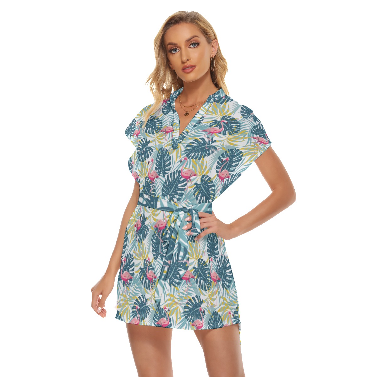 Tropical Leaves Flamingo Green Hawaiian Dress With Belt For Women