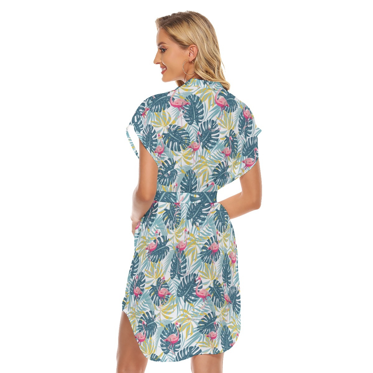 Tropical Leaves Flamingo Green Hawaiian Dress With Belt For Women