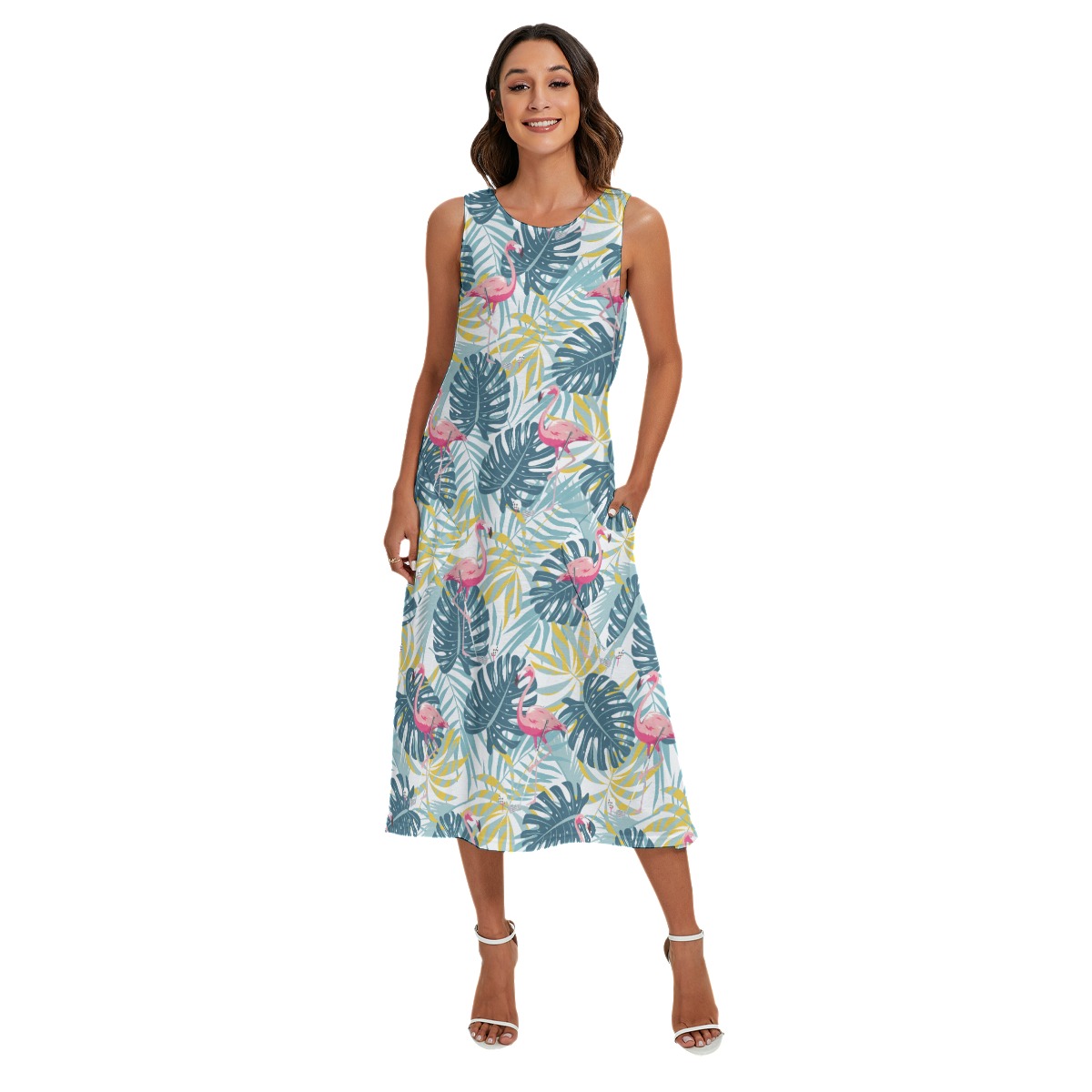 Tropical Leaves Flamingo Green Hawaiian Long Dress For Women