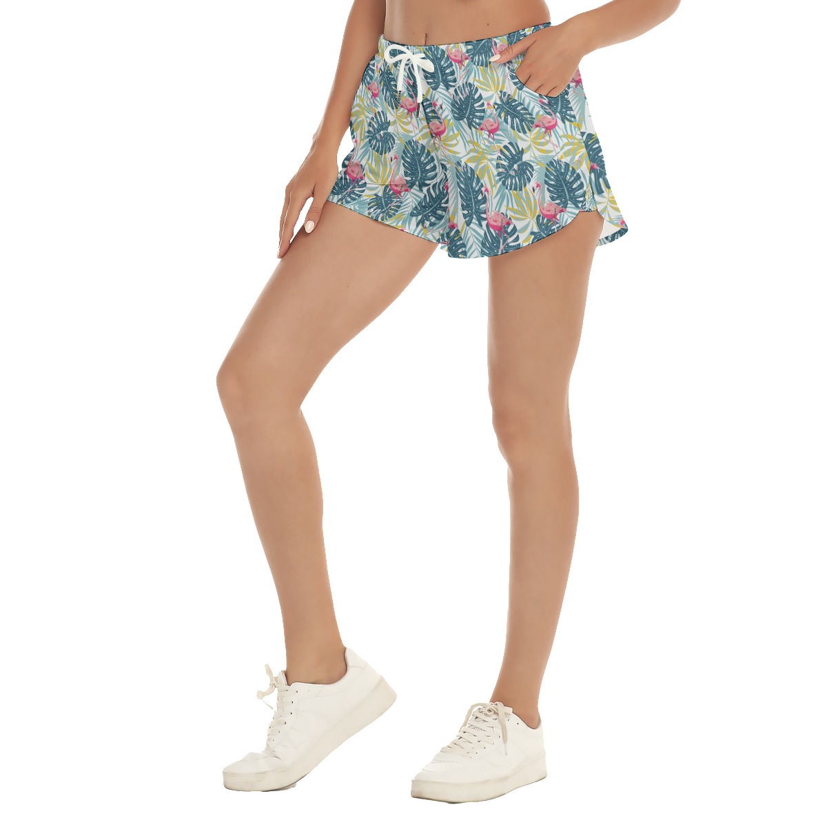 Tropical Leaves Flamingo Hawaiian Summer Beach Shorts For Women