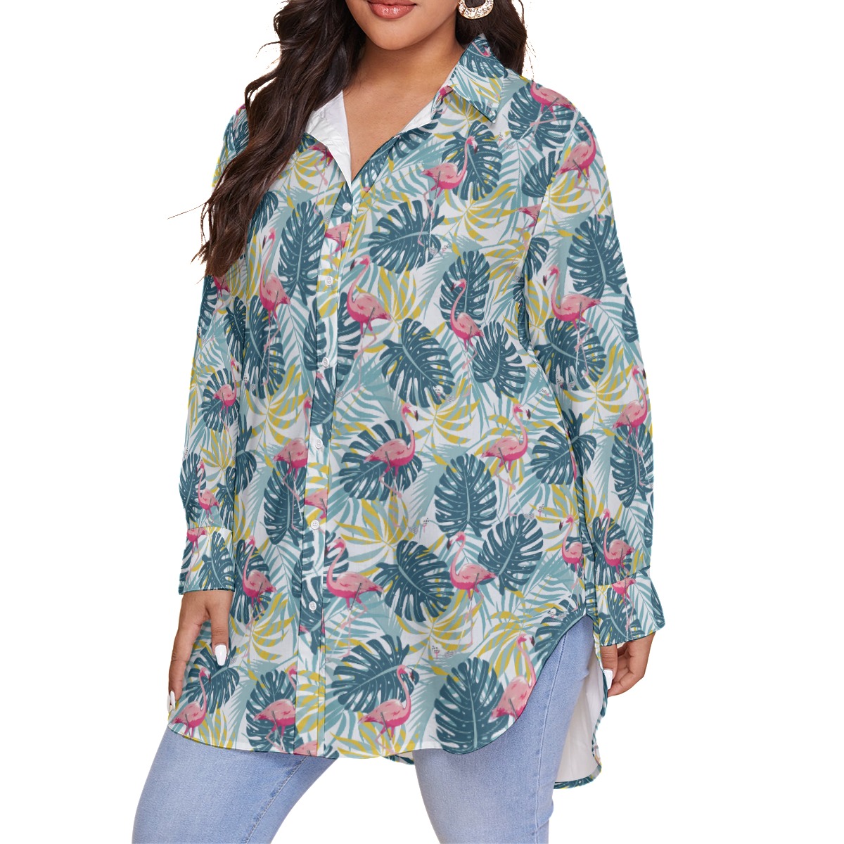 Tropical Flamingo Women's Green Hawaiian Plus Size Shirt