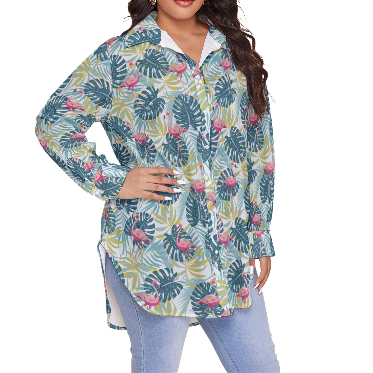 Tropical Flamingo Women's Green Hawaiian Plus Size Shirt