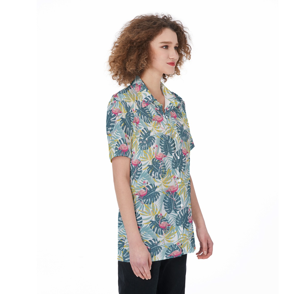 Tropical Flamingo Green Aloha Shirt For Women