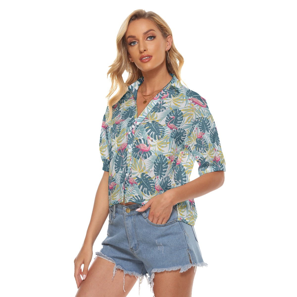Flamingo Tropical Women's Aloha Cropped Shirt