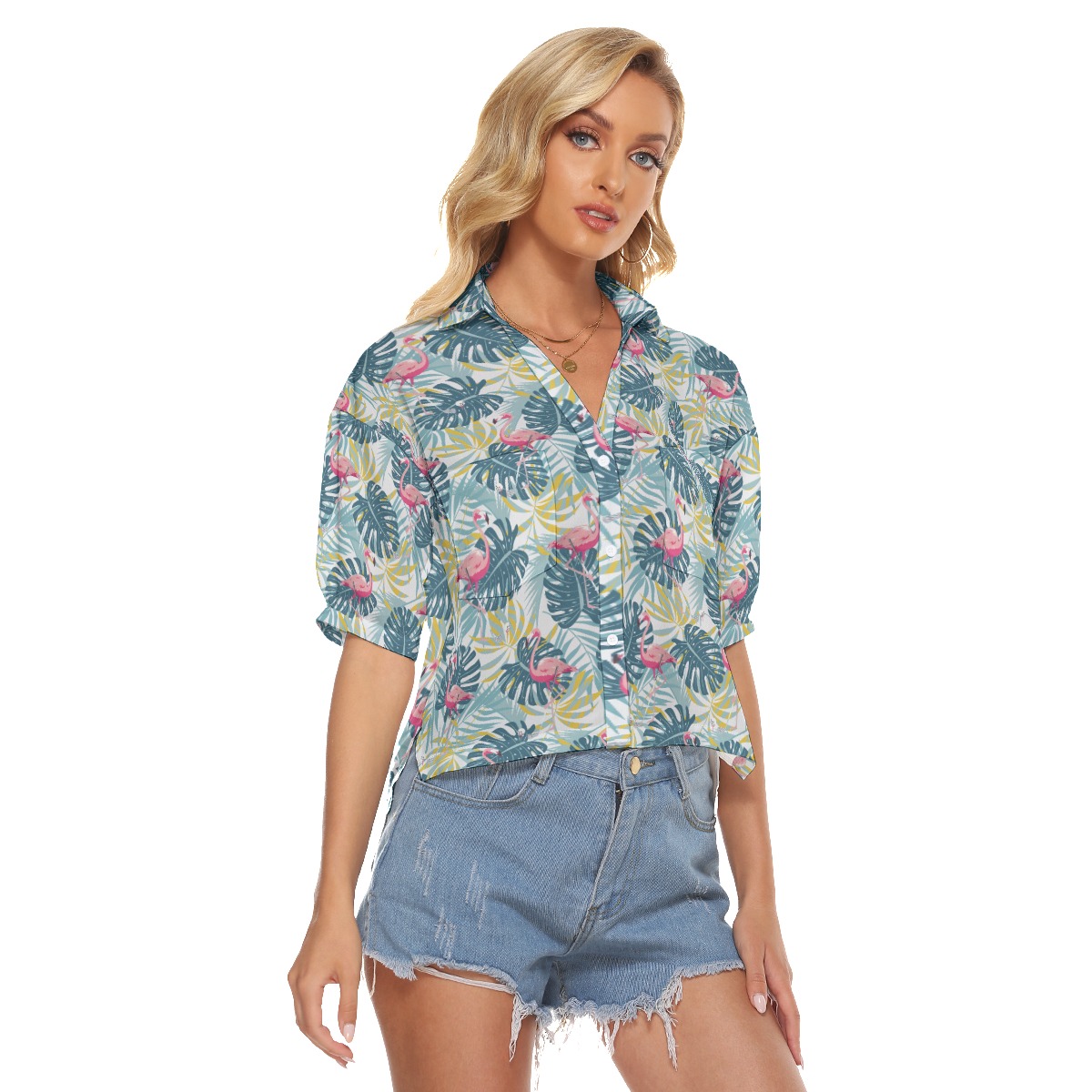 Flamingo Tropical Women's Aloha Cropped Shirt