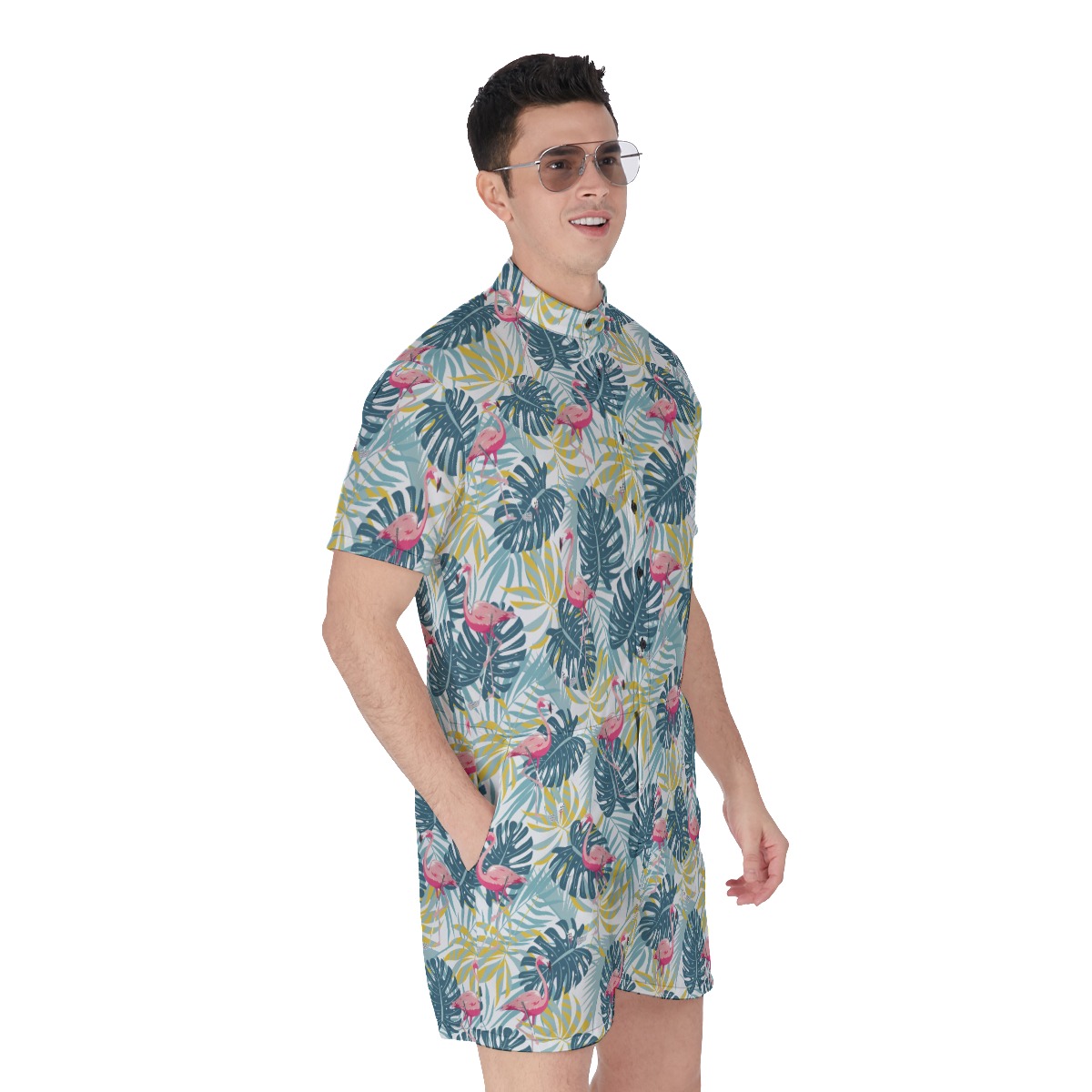 Tropical Flamingo Green Hawaiian Romper For Men
