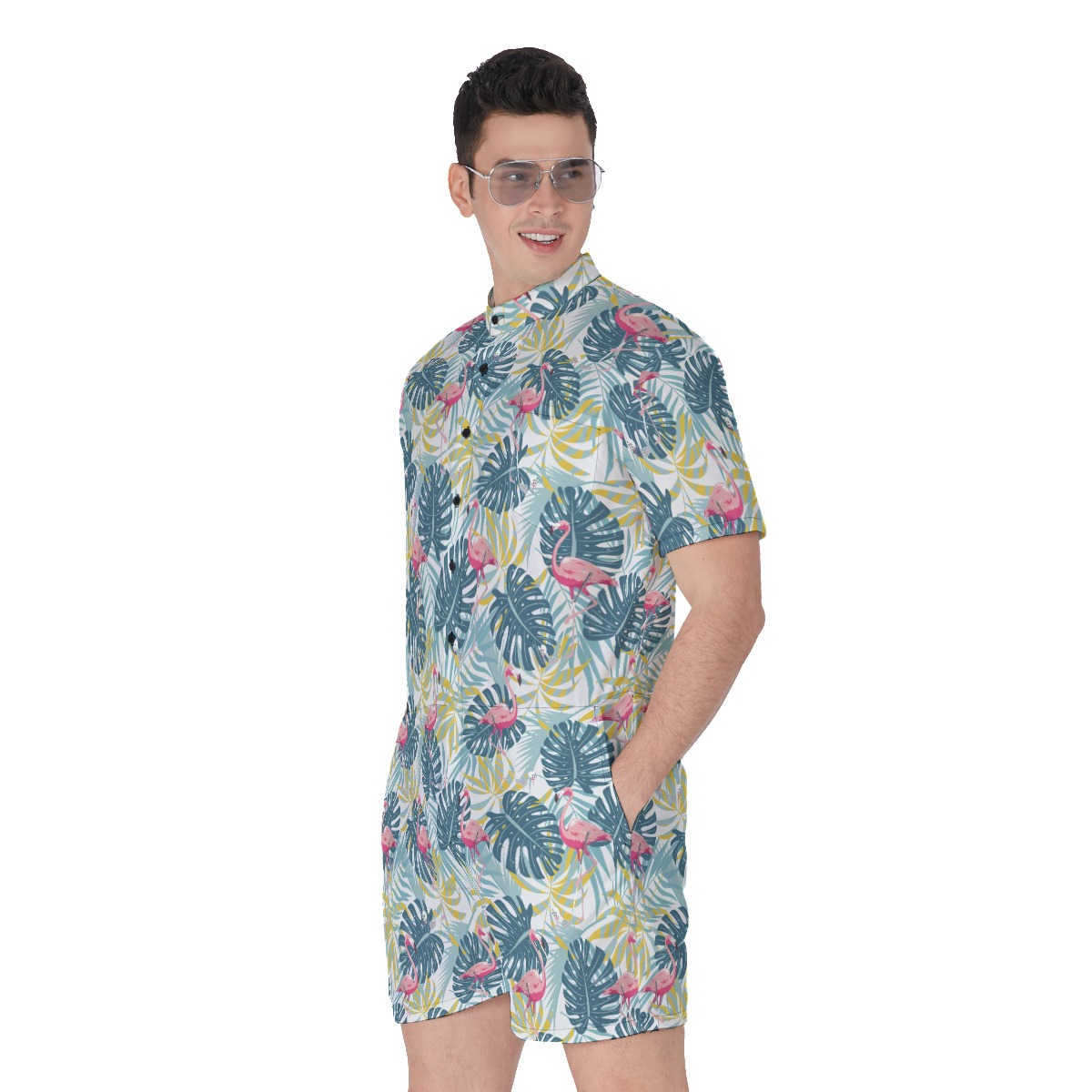 Tropical Flamingo Green Hawaiian Romper For Men