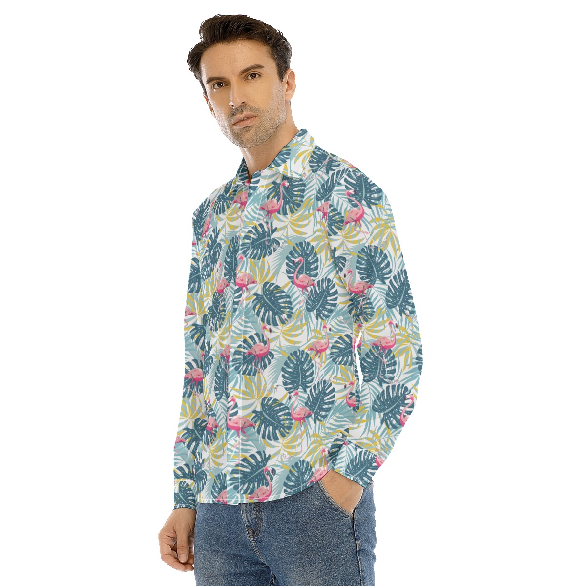 Tropical Leaves Flamingo Aloha Long Sleeve Shirt For Men