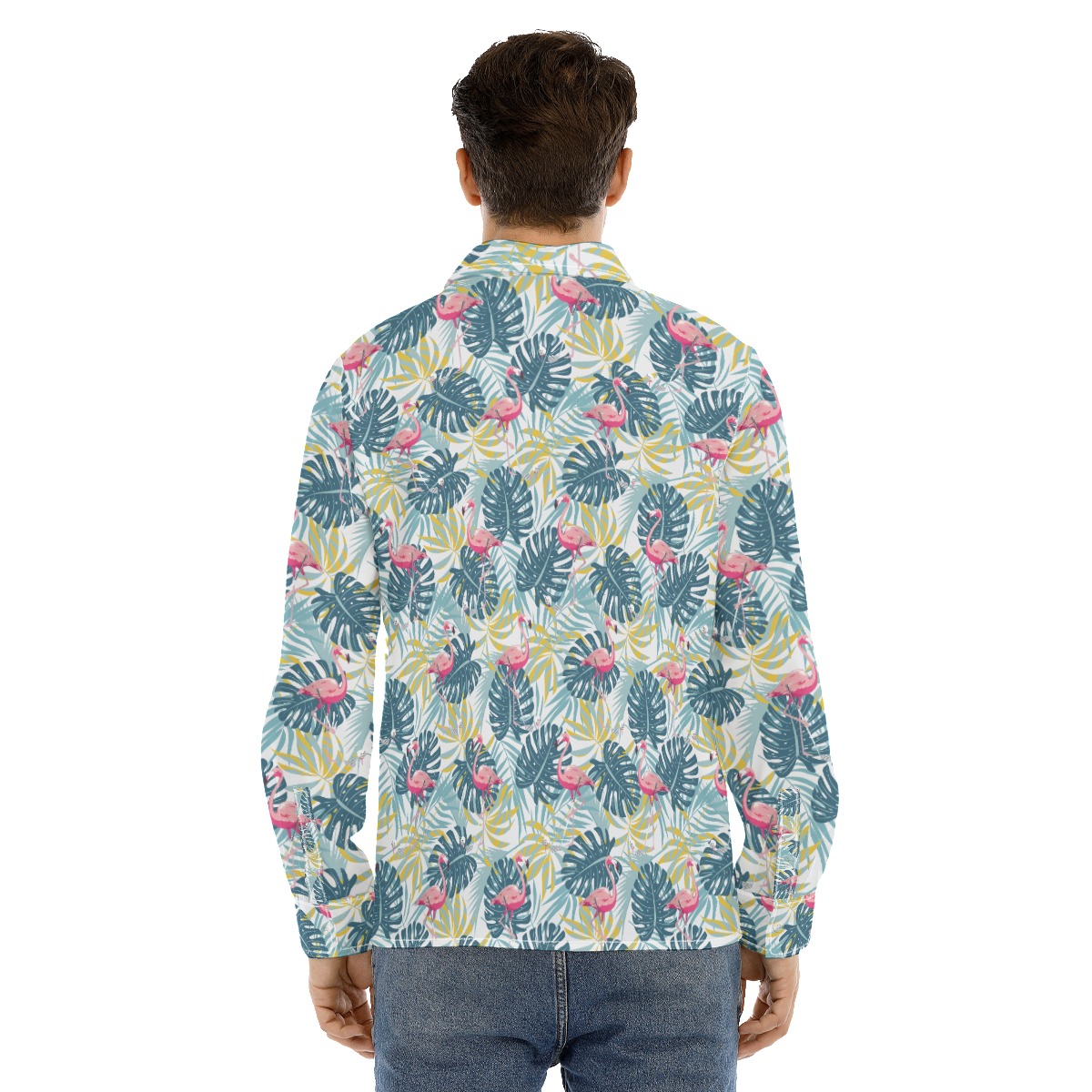 Tropical Leaves Flamingo Aloha Long Sleeve Shirt For Men