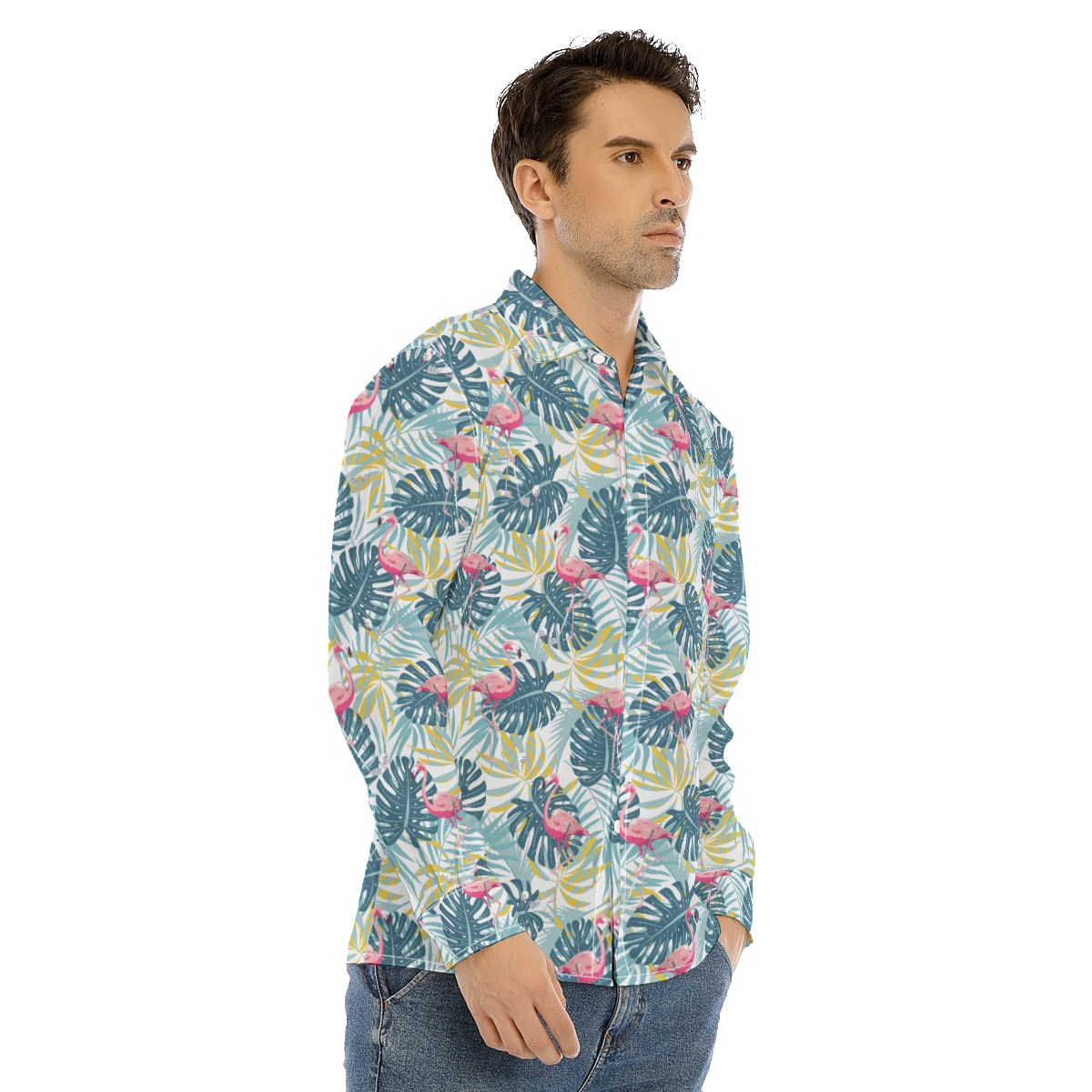 Tropical Leaves Flamingo Aloha Long Sleeve Shirt For Men