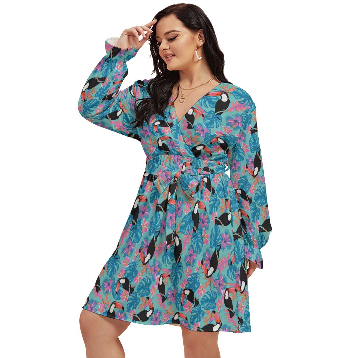 Tropical Parrots Blue Hawaiian Plus Size Dress For Women
