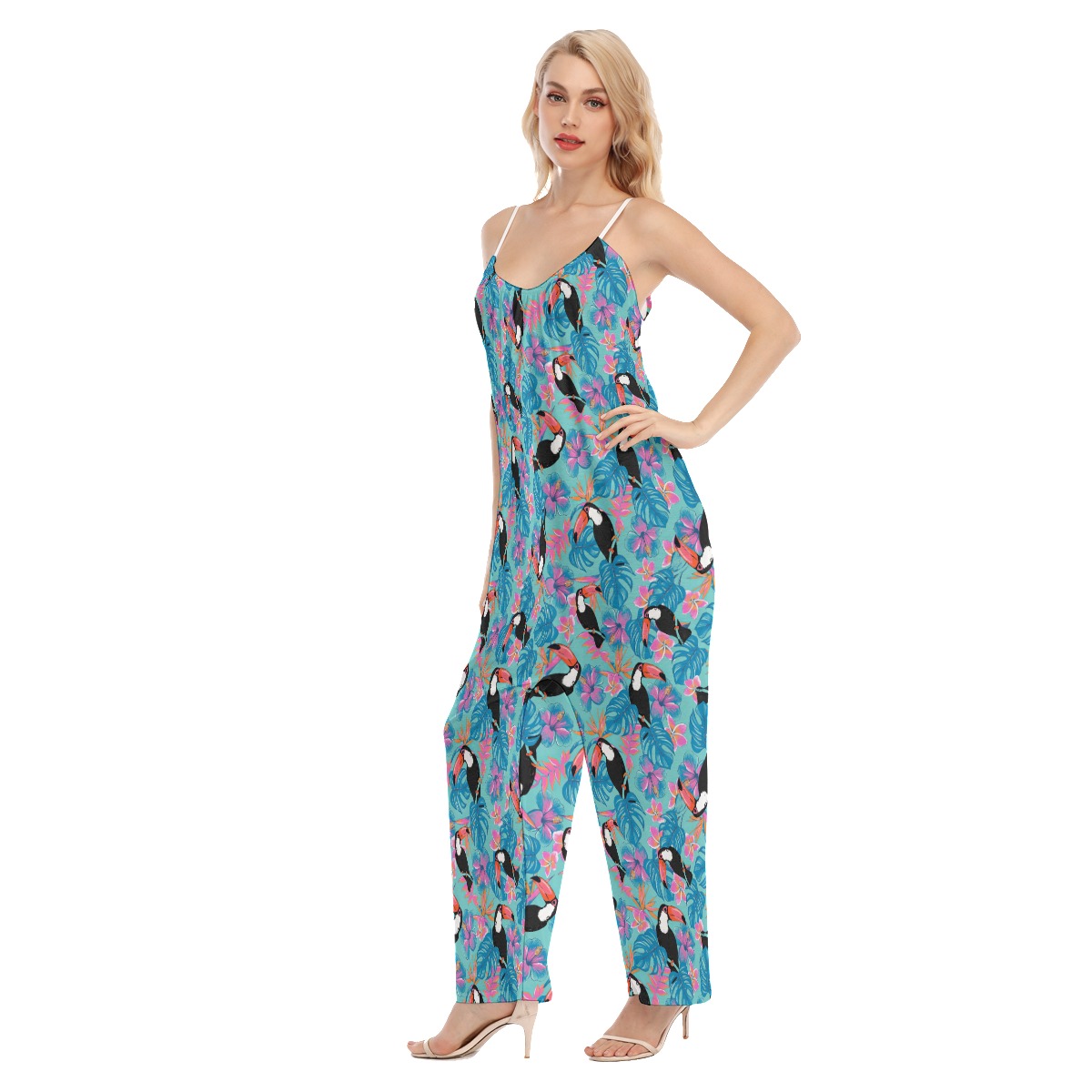 Floral Parrots Hawaiian Cami Loose Jumpsuit For Summer
