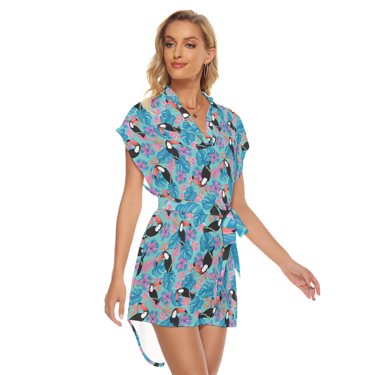 Tropical Toucans Floral Hawaiian Dress With Belt For Women
