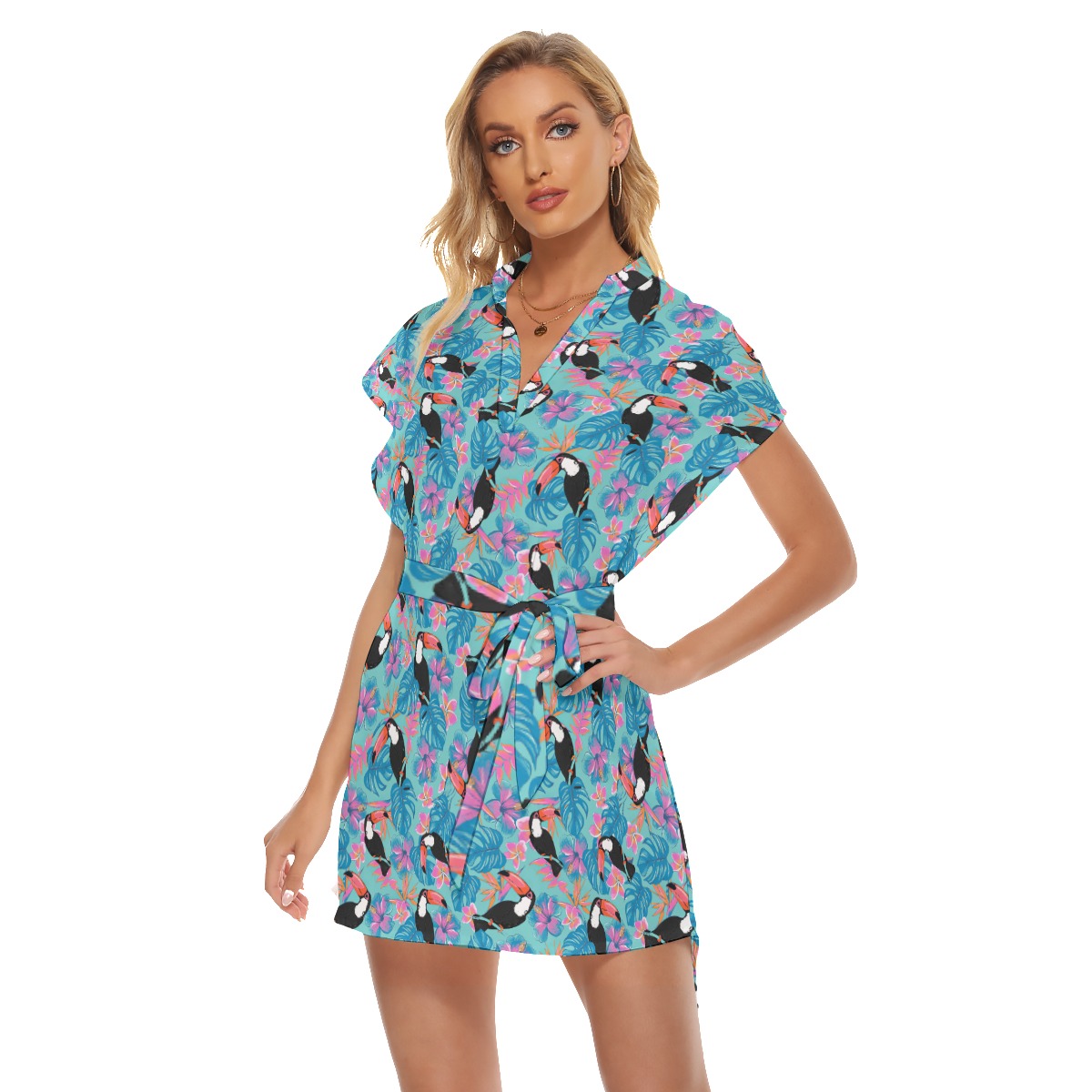 Tropical Toucans Floral Hawaiian Dress With Belt For Women