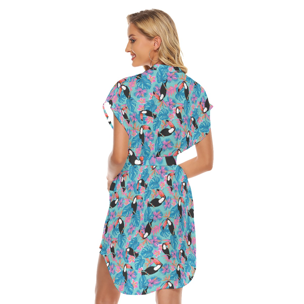 Tropical Toucans Floral Hawaiian Dress With Belt For Women