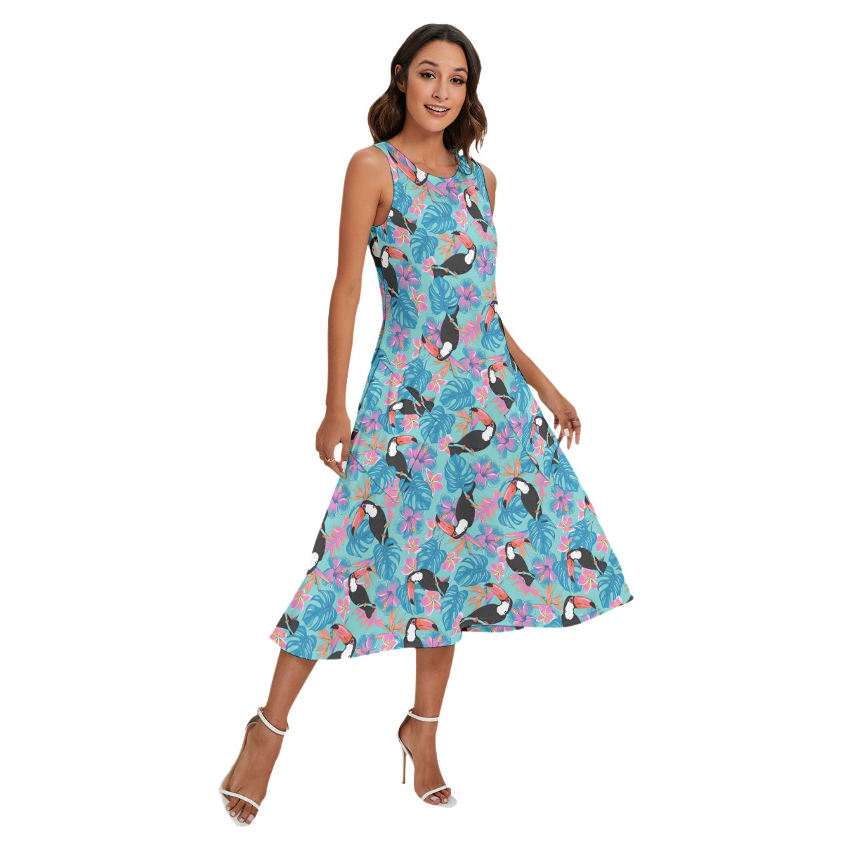 Floral Toucan Blue Hawaiian Long Dress With Pockets For Women