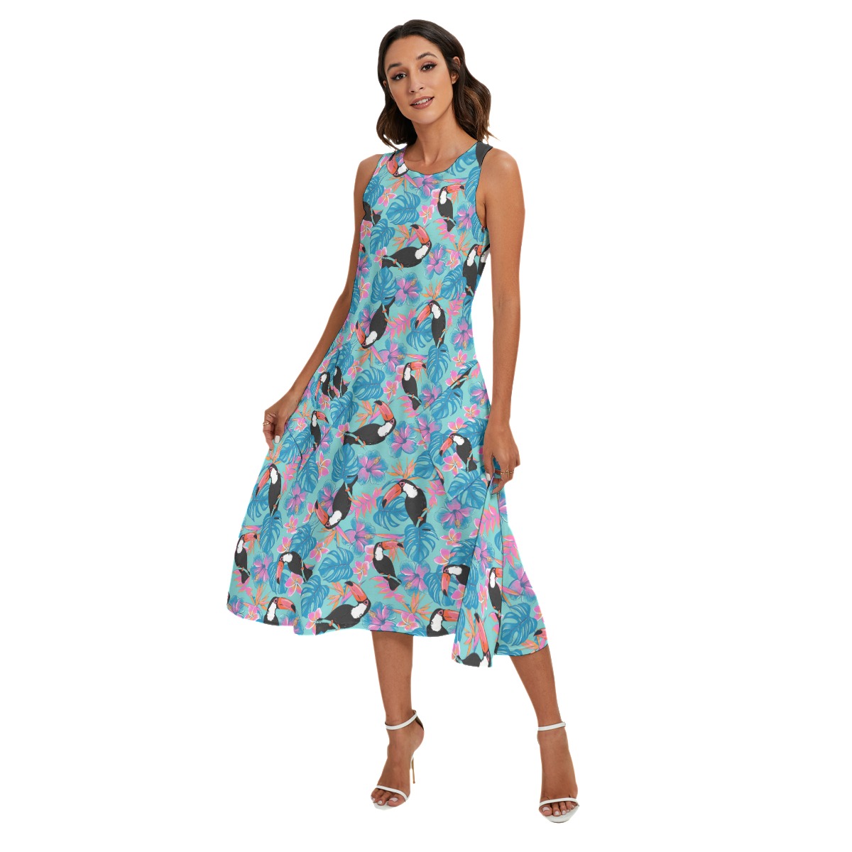 Floral Toucan Blue Hawaiian Long Dress With Pockets For Women