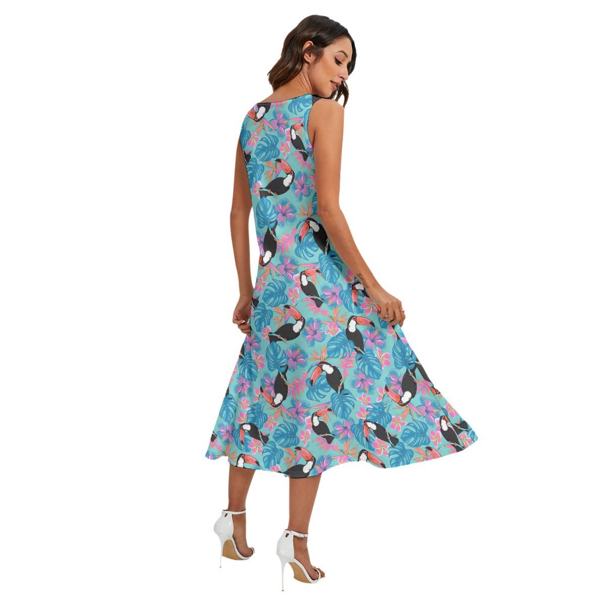 Floral Toucan Blue Hawaiian Long Dress With Pockets For Women