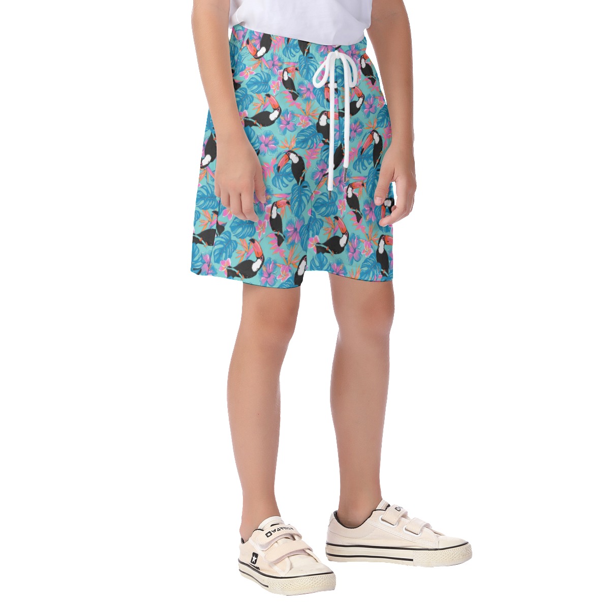 Tropical Toucans Floral Hawaiian Summer Beach Shorts For Kids