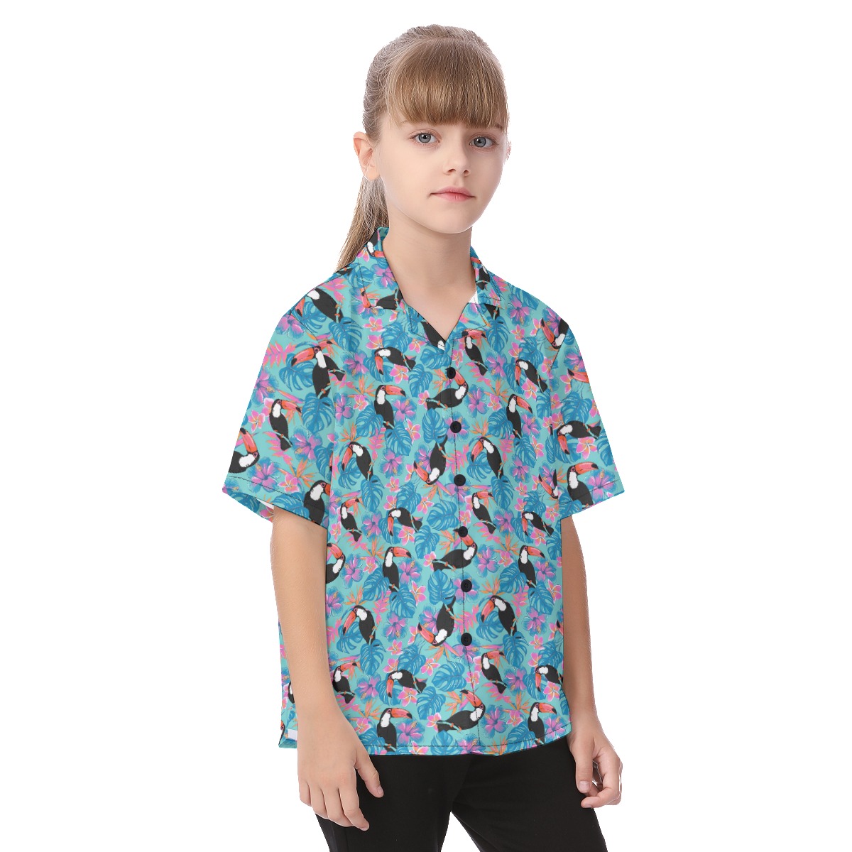 Cute Tropical Parrots Blue Hawaiian Shirt For Kids