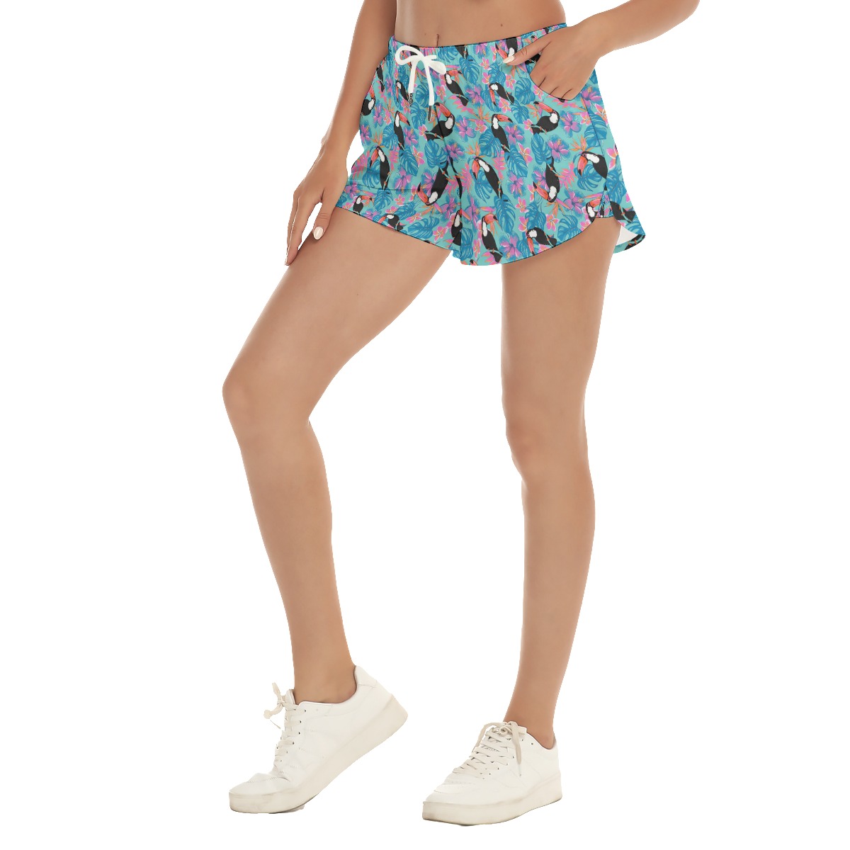 Tropical Parrots Blue Summer Beach Shorts For Women