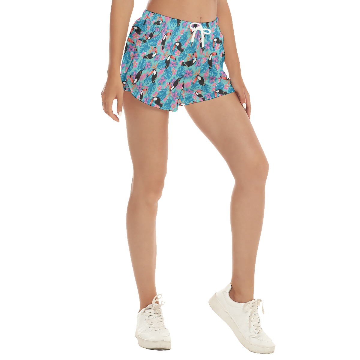 Tropical Parrots Blue Summer Beach Shorts For Women