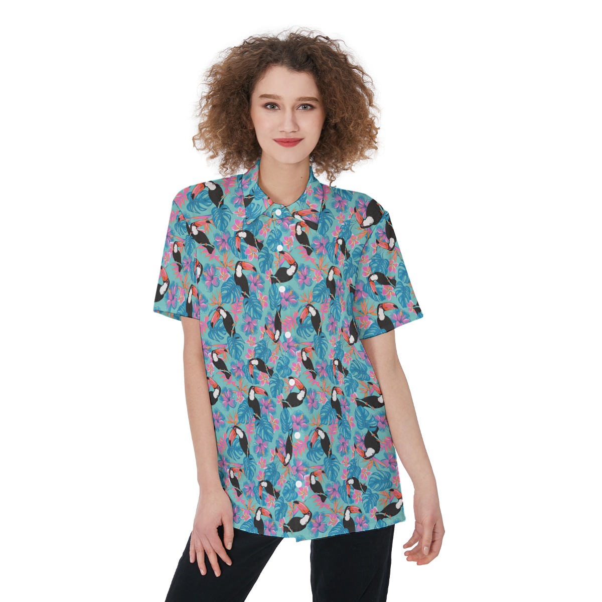 Women's Floral Parrot Blue Hawaiian Shirt - variant image 1