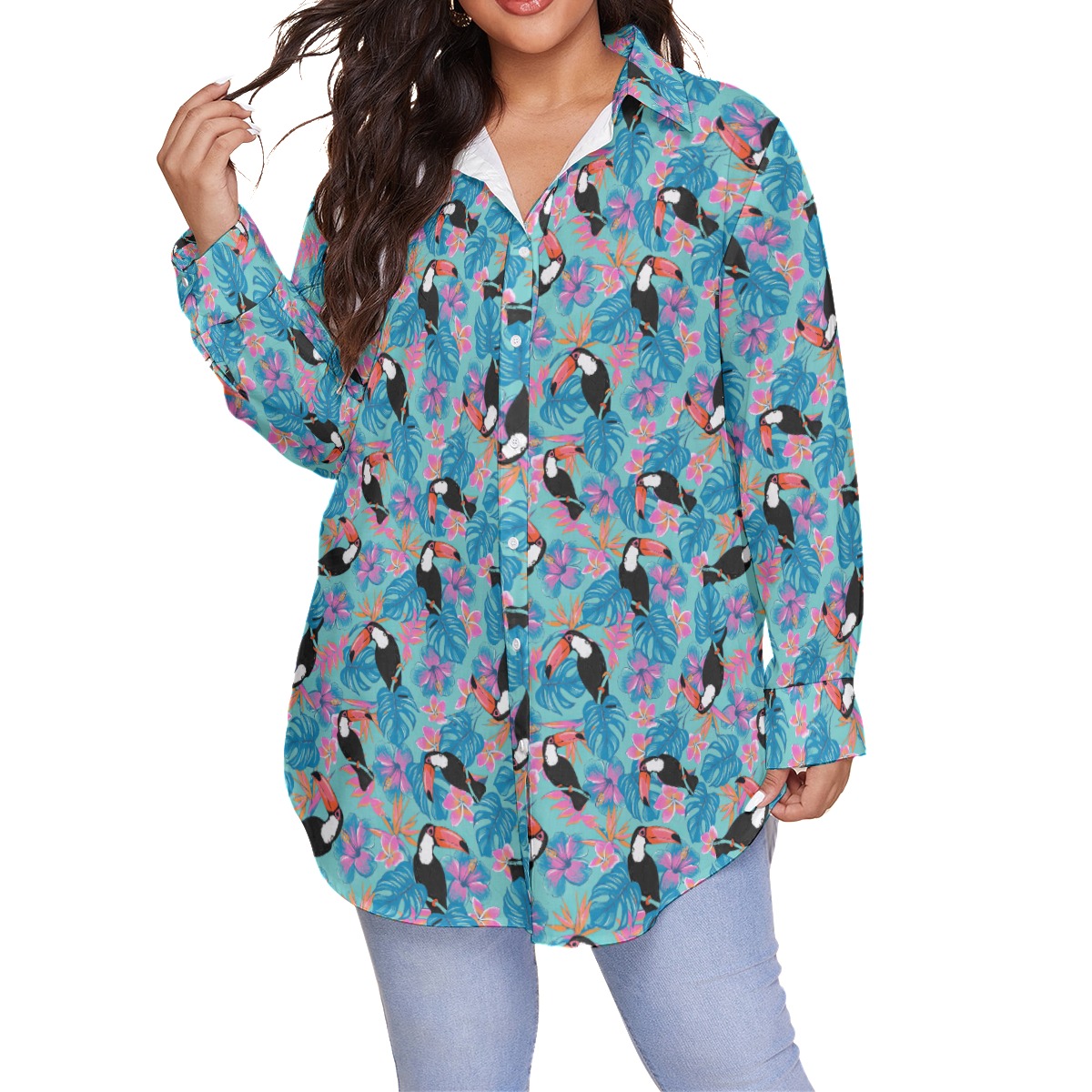 Floral Parrot Blue Hawaiian Plus Size Shirt For Women - variant image 1