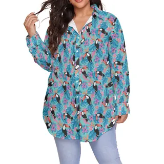 Floral Parrot Blue Hawaiian Plus Size Shirt For Women