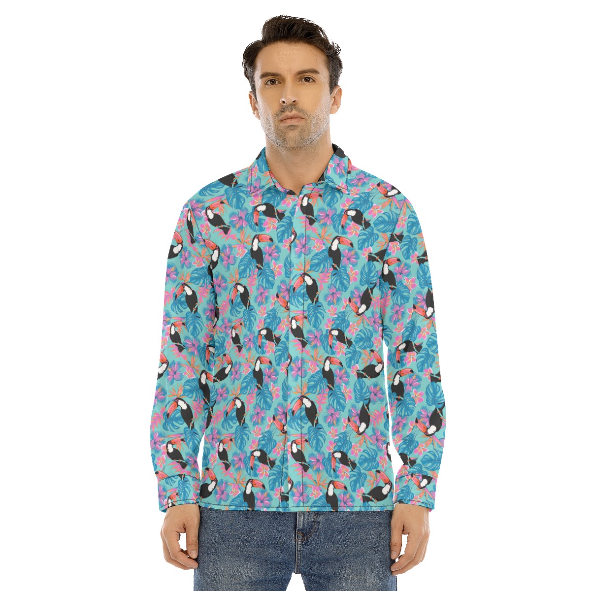 Blue Floral Parrot Hawaiian Long Sleeve Shirt For Men - variant image 1