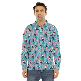Blue Floral Parrot Hawaiian Long Sleeve Shirt For Men