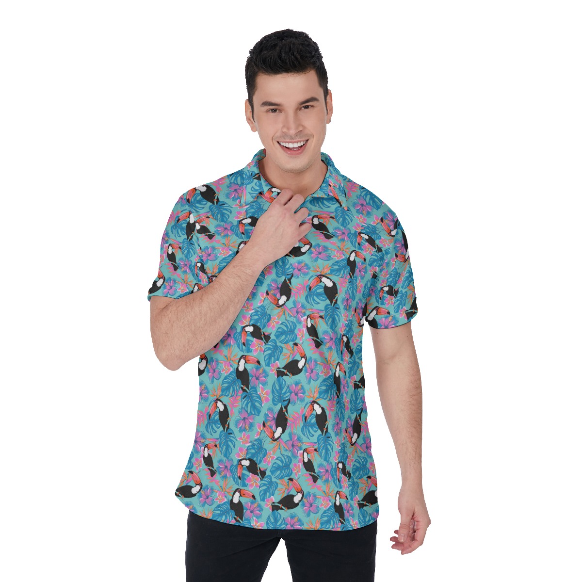 Tropical Parrot Blue Hawaiian Golf Shirt For Men - variant image 1