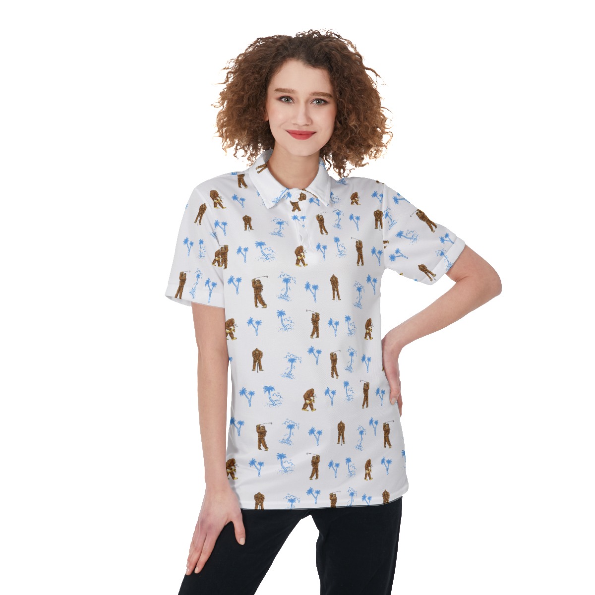 Funny Bigfoot Palm Tree White Golf Shirt For Women - variant image 1