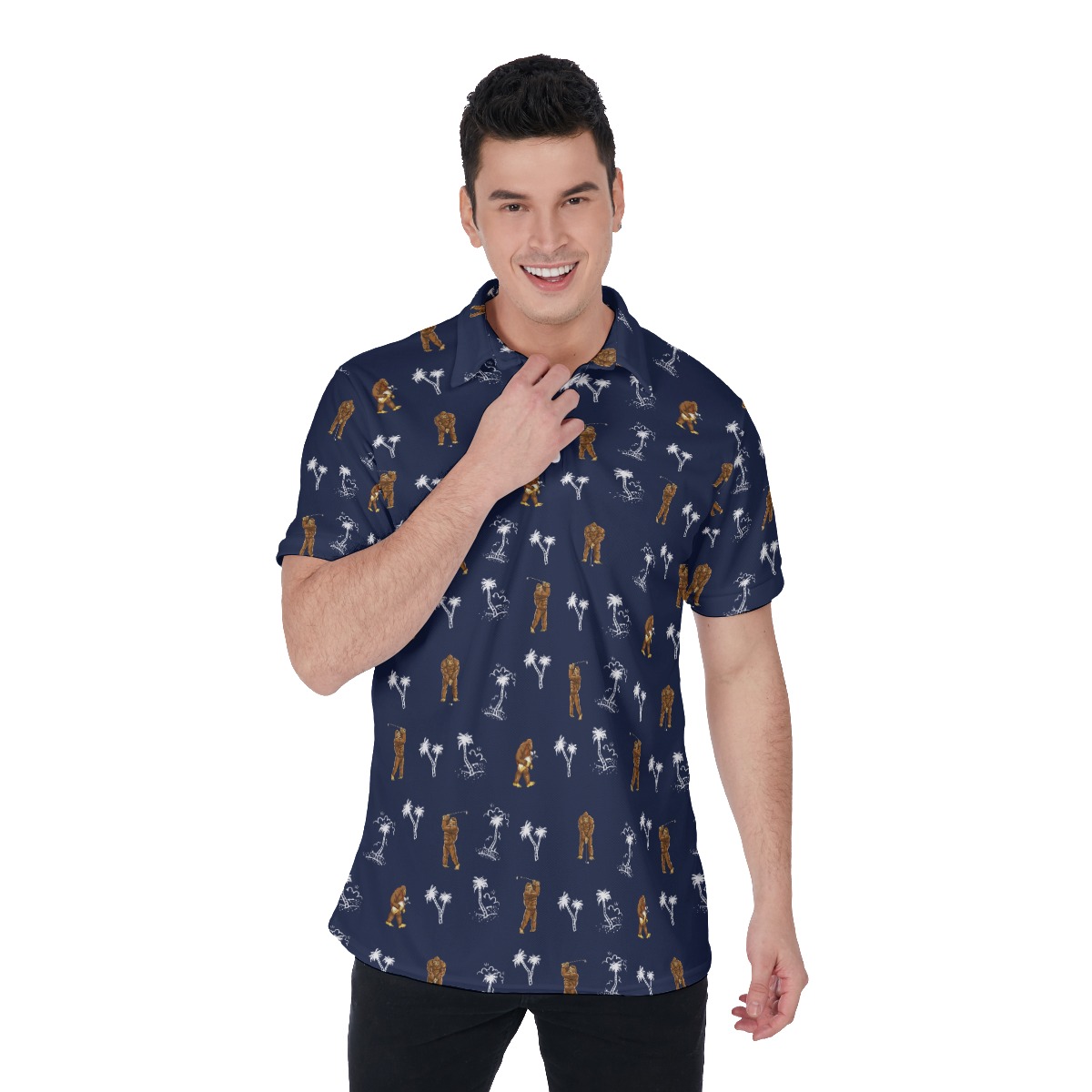 Funny Bigfoot Palm Tree Men's Hawaiian Golf Shirt - variant image 1