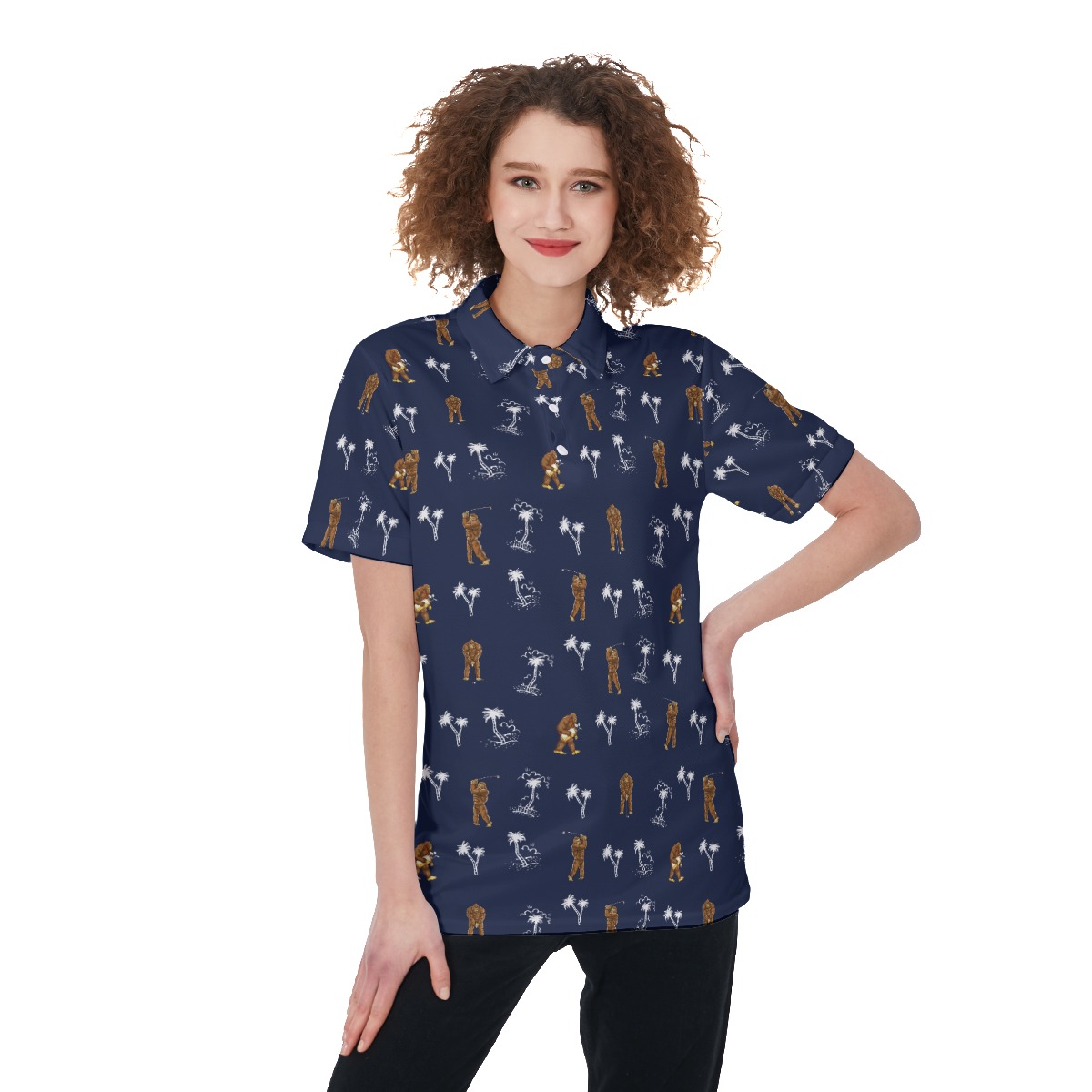 Palm Tree Bigfoot Women's Navy Golf Shirt - variant image 1