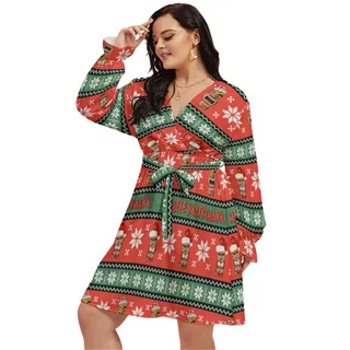 Christmas Tiki Colorful Oversized V-Neck Hawaiian Dress