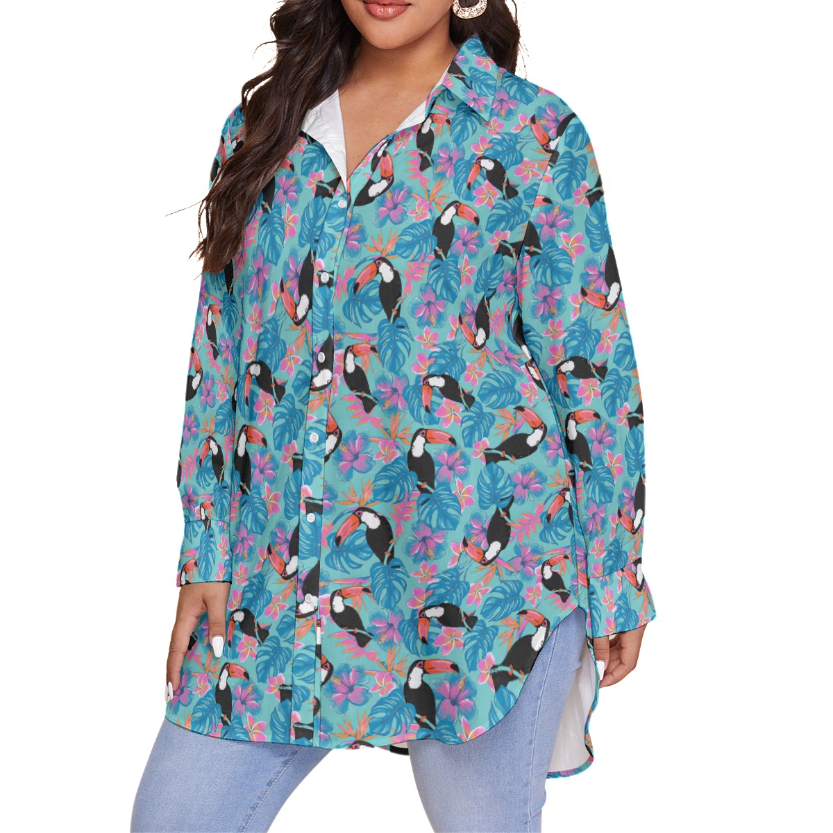 Floral Parrot Blue Hawaiian Plus Size Shirt For Women