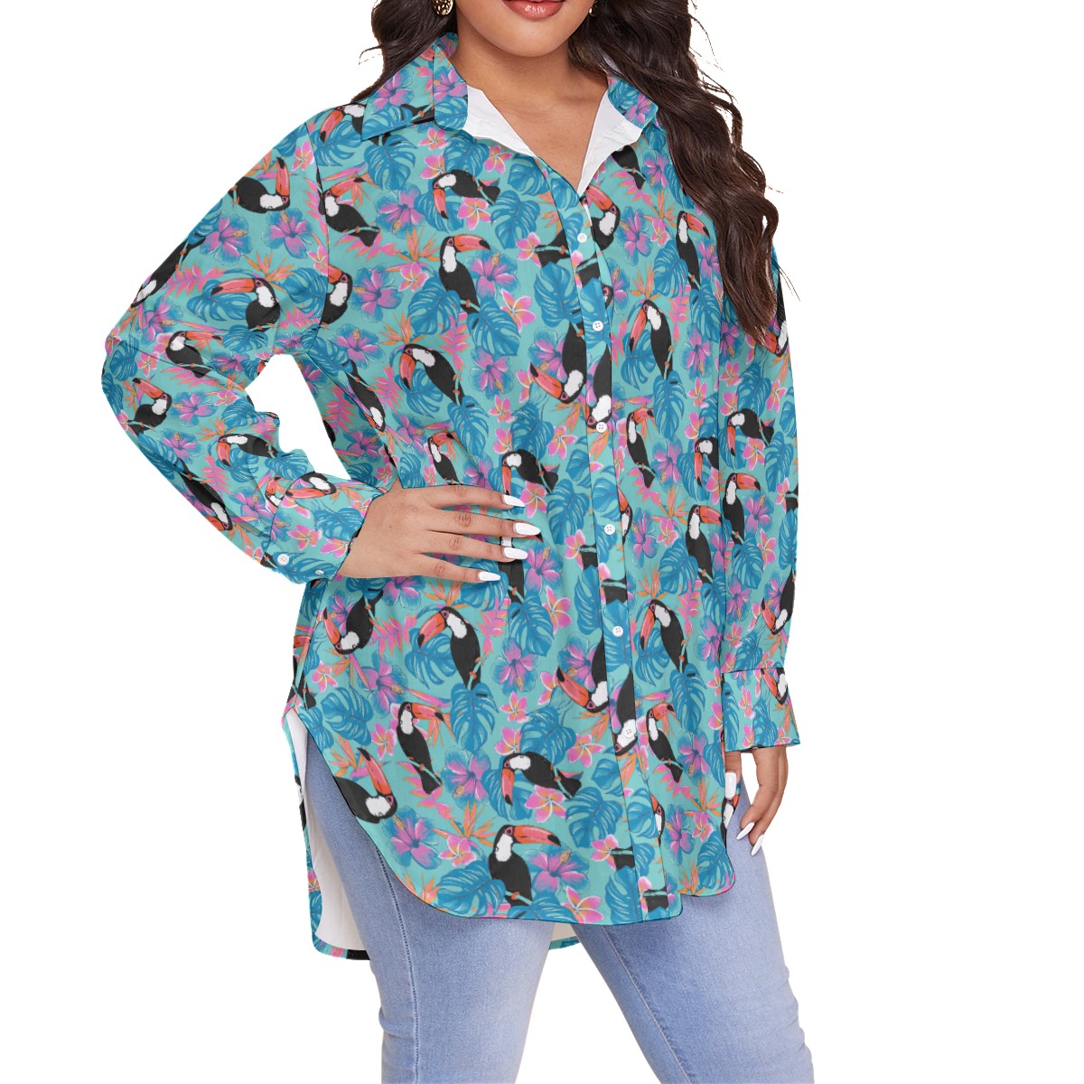 Floral Parrot Blue Hawaiian Plus Size Shirt For Women