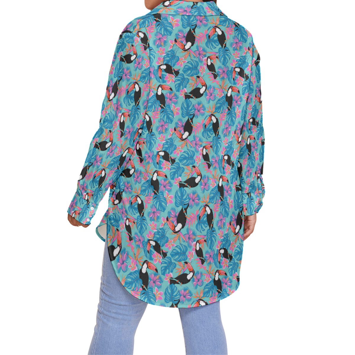 Floral Parrot Blue Hawaiian Plus Size Shirt For Women