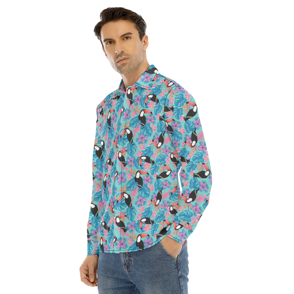 Blue Floral Parrot Hawaiian Long Sleeve Shirt For Men
