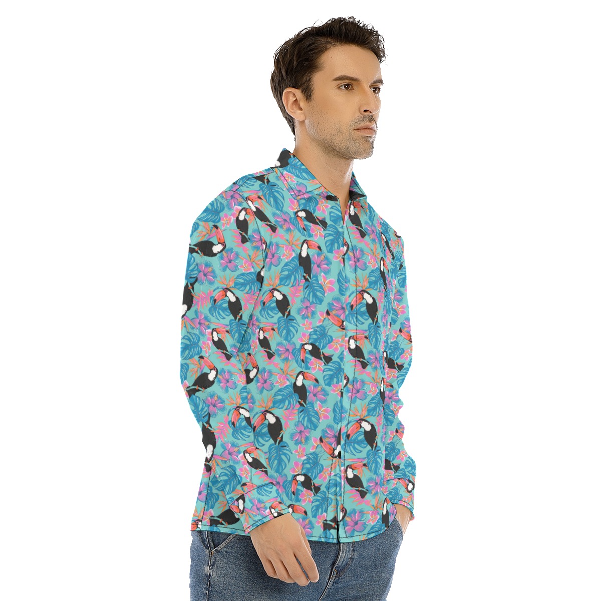 Blue Floral Parrot Hawaiian Long Sleeve Shirt For Men