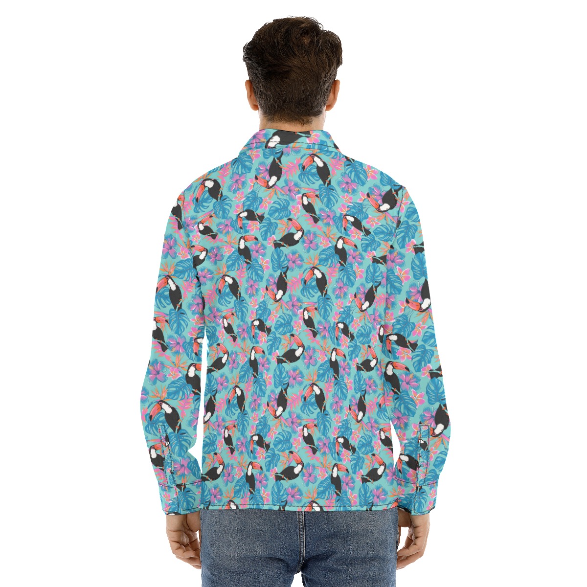Blue Floral Parrot Hawaiian Long Sleeve Shirt For Men