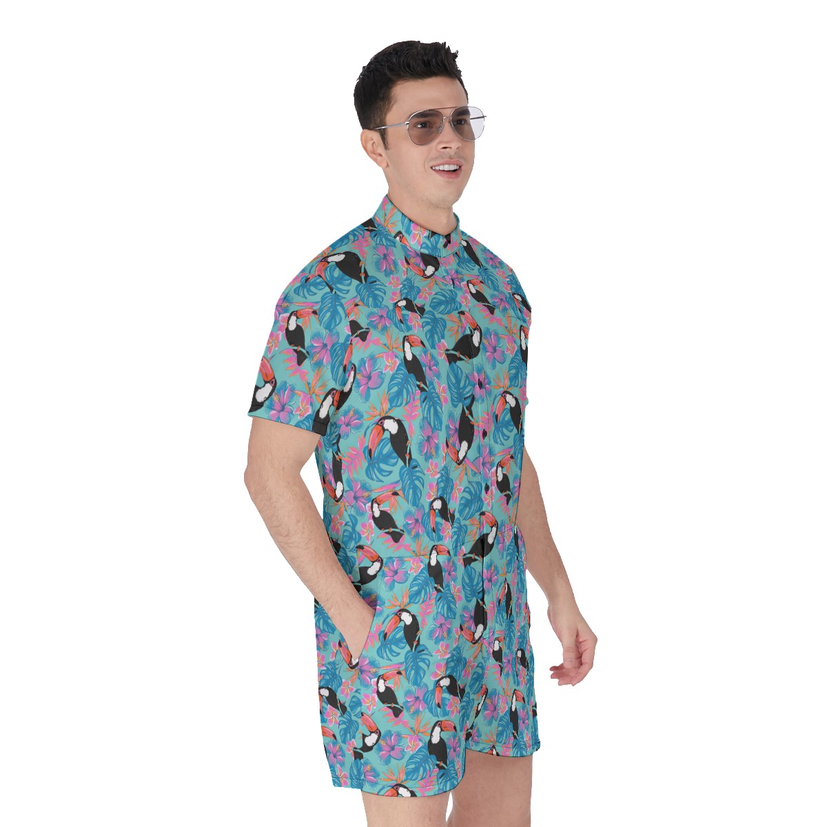 Tropical Toucans Men's Blue Hawaiian Romper