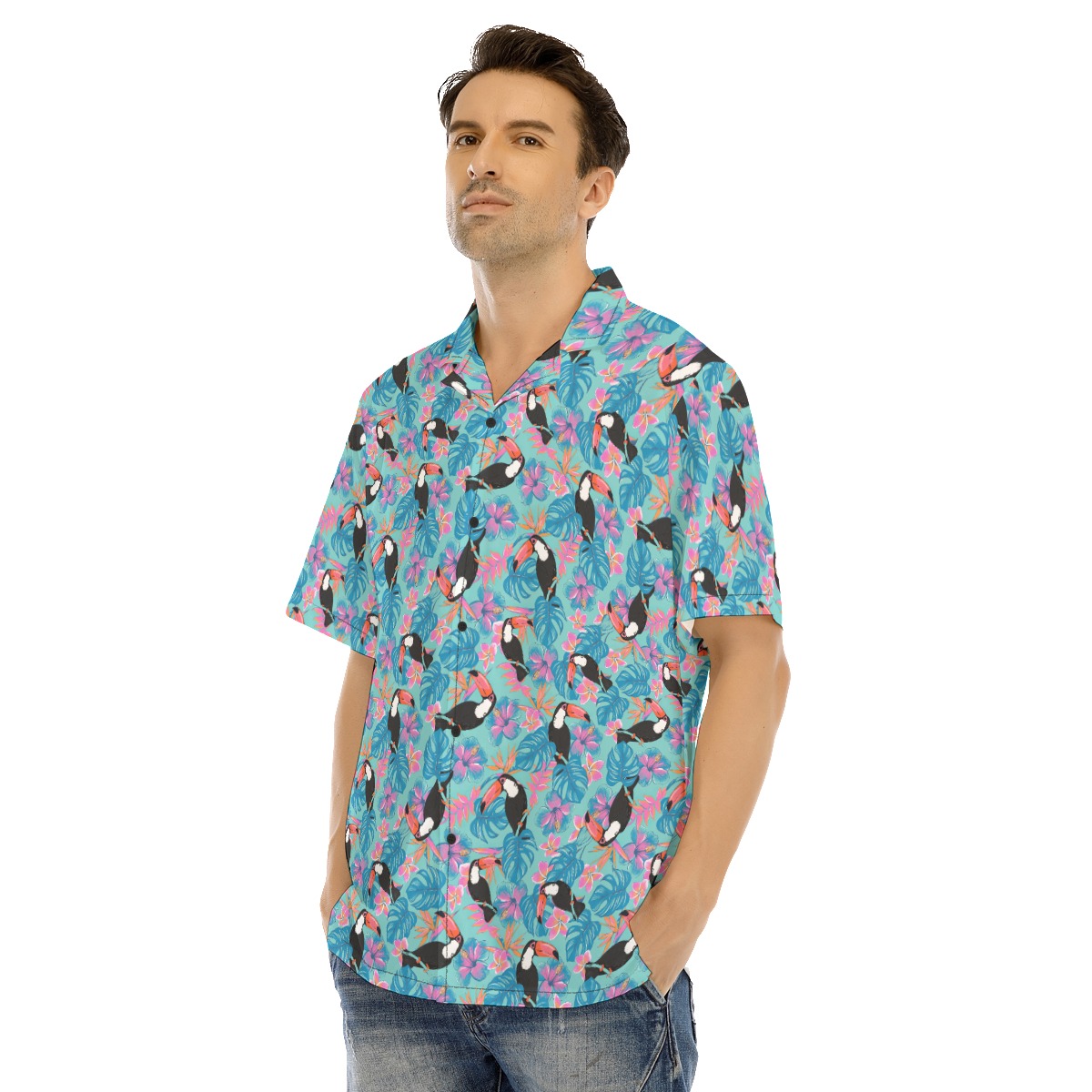 Toucans Bird Floral Blue Hawaiian Shirt