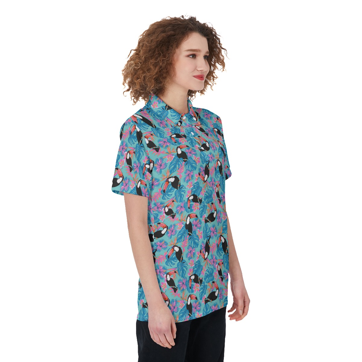 Women's Floral Parrot Blue Golf Shirt